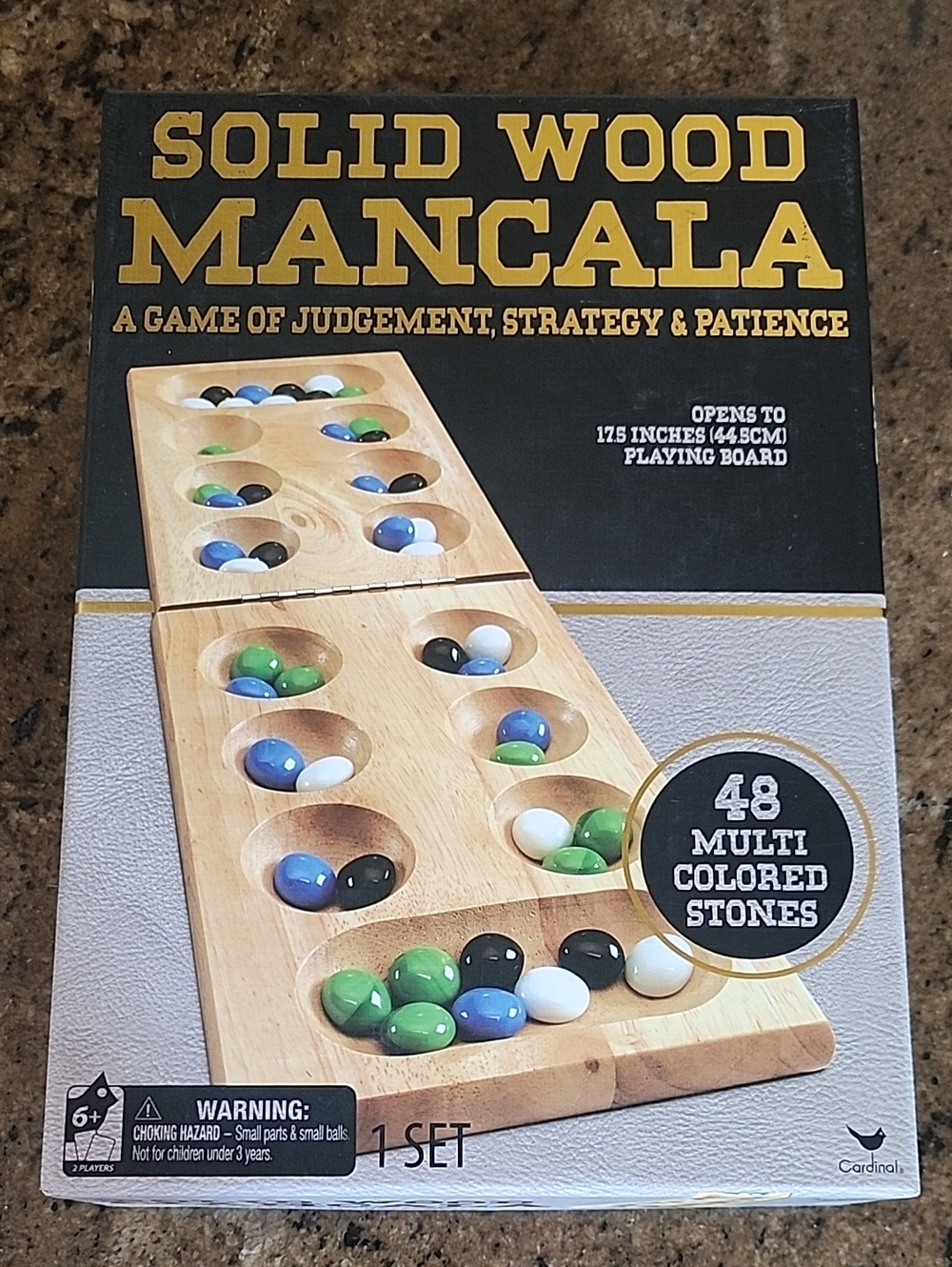 Solid Wood Mancala Game Set with Multicolored Stones by Cardinal Industries